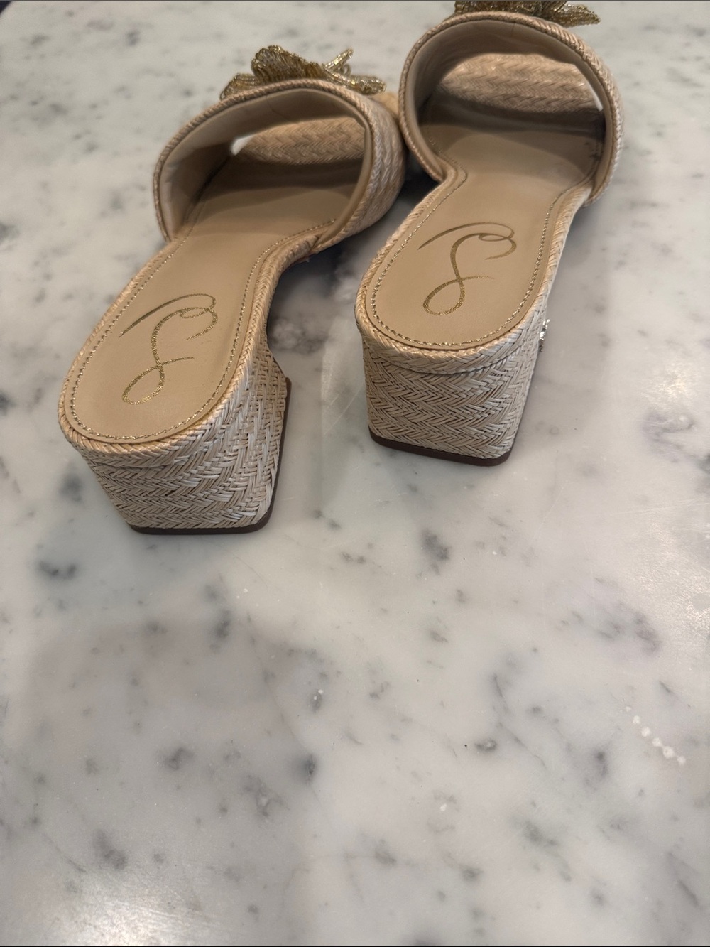 Beaded Floral Woven raffia Slide Sandals - Nude/Gold - Picture 3 of 4